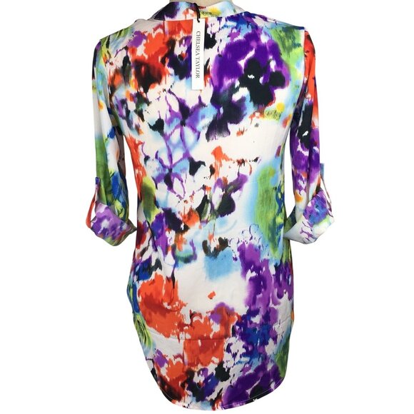 Chelsea Taylor Womens Top Size S Watercolor V-neck Tab Slvs Hi Low Hem Colorful - Picture 3 of 11